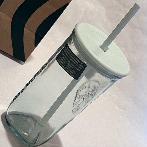 Starbucks Recycled Triangle Glass Cold Cup Tumbler with Straw Green 16oz - Picture 7 of 15